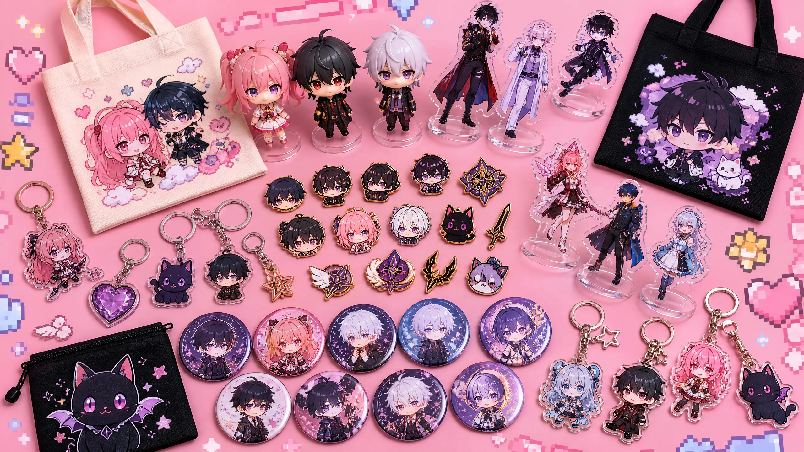精美同人周边商品集合展示手办徽章立牌